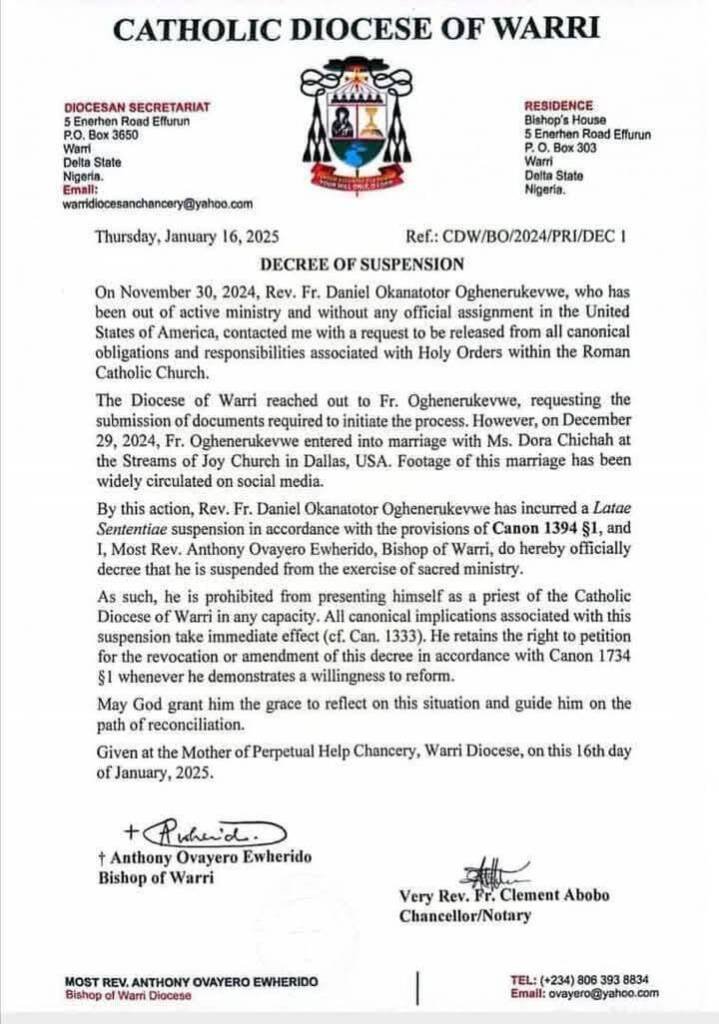 Warri Catholic priest suspended for getting married 3 WhatsApp Image 2025 01 19 at 14.39.17 025c14fd